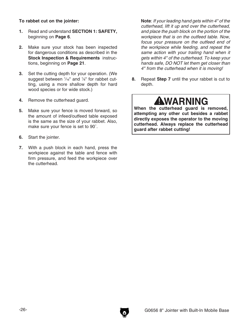 Grizzly Jointer w/ Spiral Cutterhead G0656X User Manual | Page 42 / 66