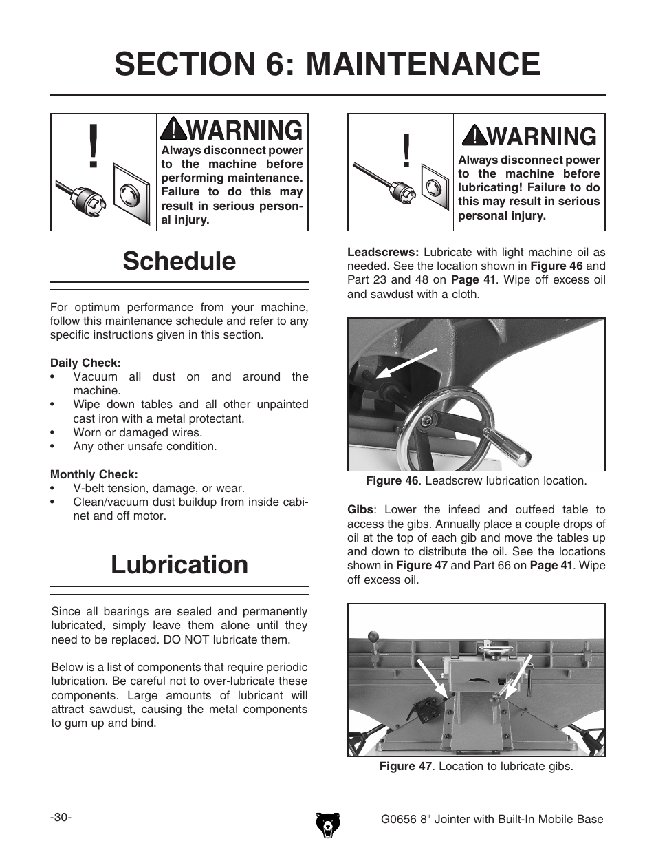 Schedule, Lubrication | Grizzly Jointer w/ Spiral Cutterhead G0656X User Manual | Page 46 / 66