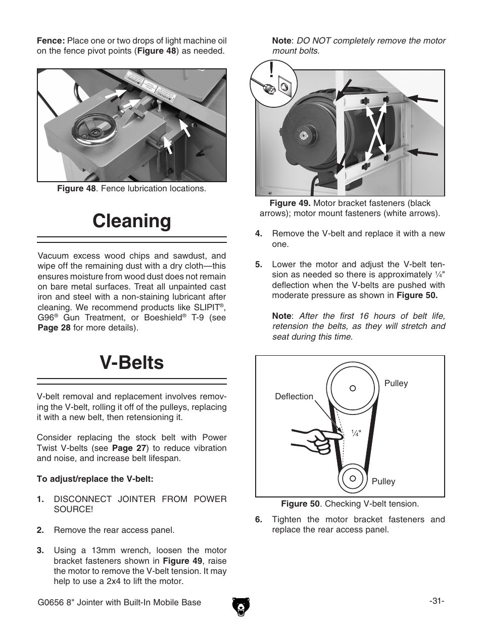 V-belts, Cleaning | Grizzly Jointer w/ Spiral Cutterhead G0656X User Manual | Page 47 / 66