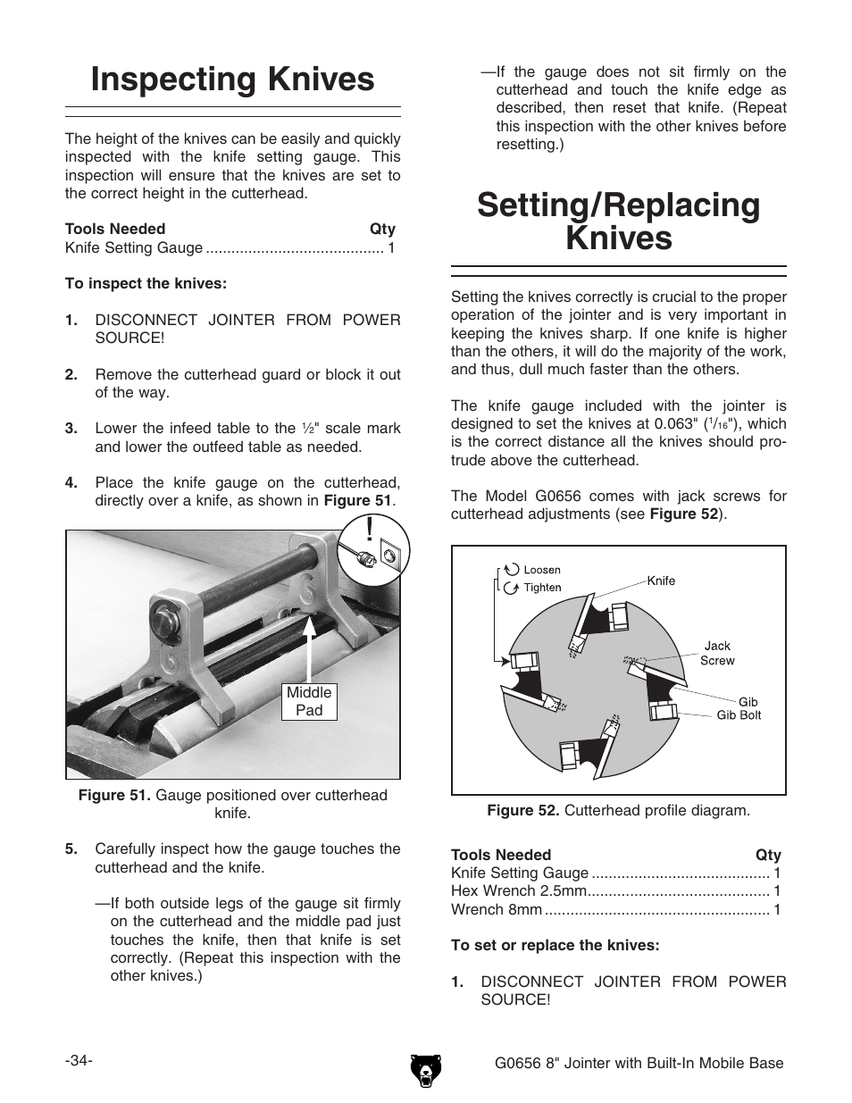 Inspecting knives, Setting/replacing knives | Grizzly Jointer w/ Spiral Cutterhead G0656X User Manual | Page 50 / 66