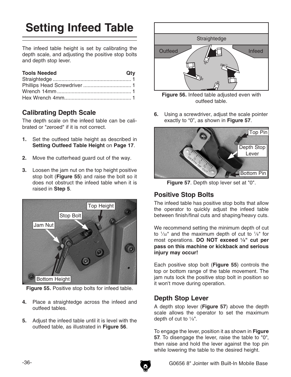 Setting infeed table, Calibrating depth scale, Positive stop bolts | Depth stop lever | Grizzly Jointer w/ Spiral Cutterhead G0656X User Manual | Page 52 / 66