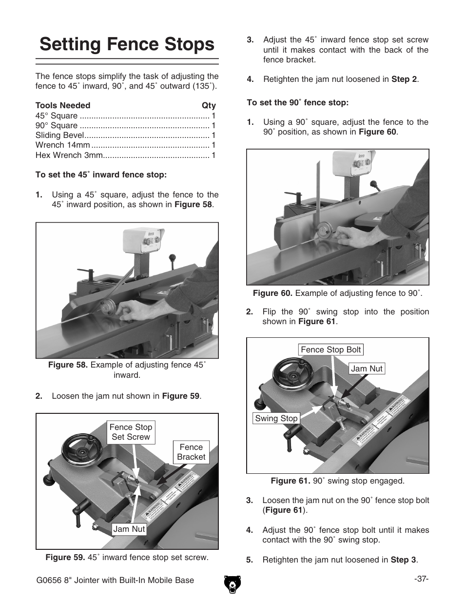 Setting fence stops | Grizzly Jointer w/ Spiral Cutterhead G0656X User Manual | Page 53 / 66