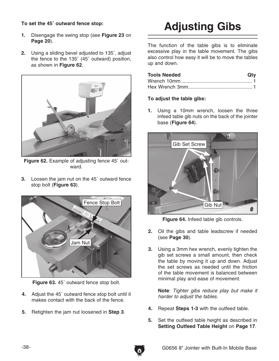 Adjusting gibs | Grizzly Jointer w/ Spiral Cutterhead G0656X User Manual | Page 54 / 66