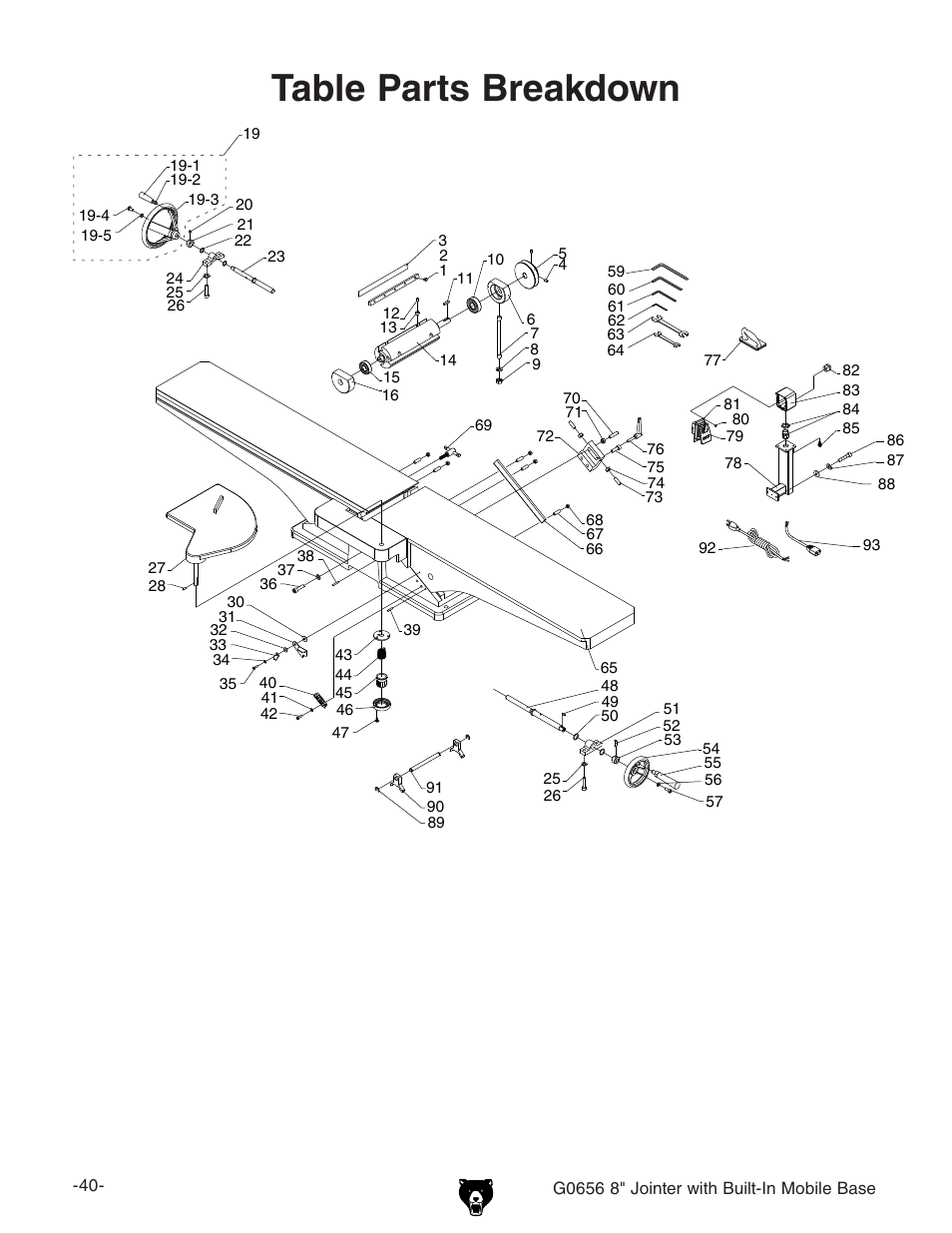 Table parts breakdown | Grizzly Jointer w/ Spiral Cutterhead G0656X User Manual | Page 56 / 66