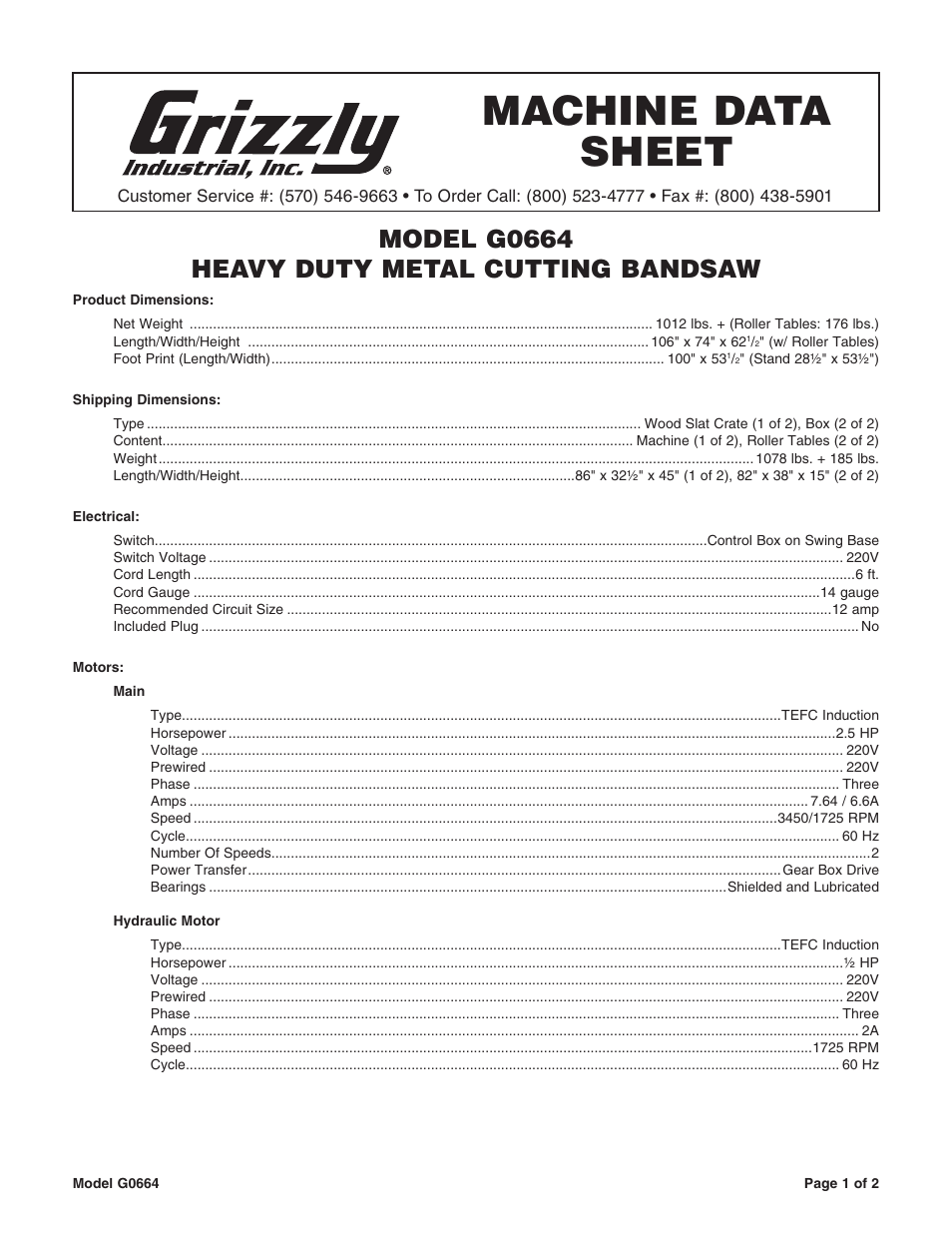 Grizzly G0664 User Manual | 2 pages