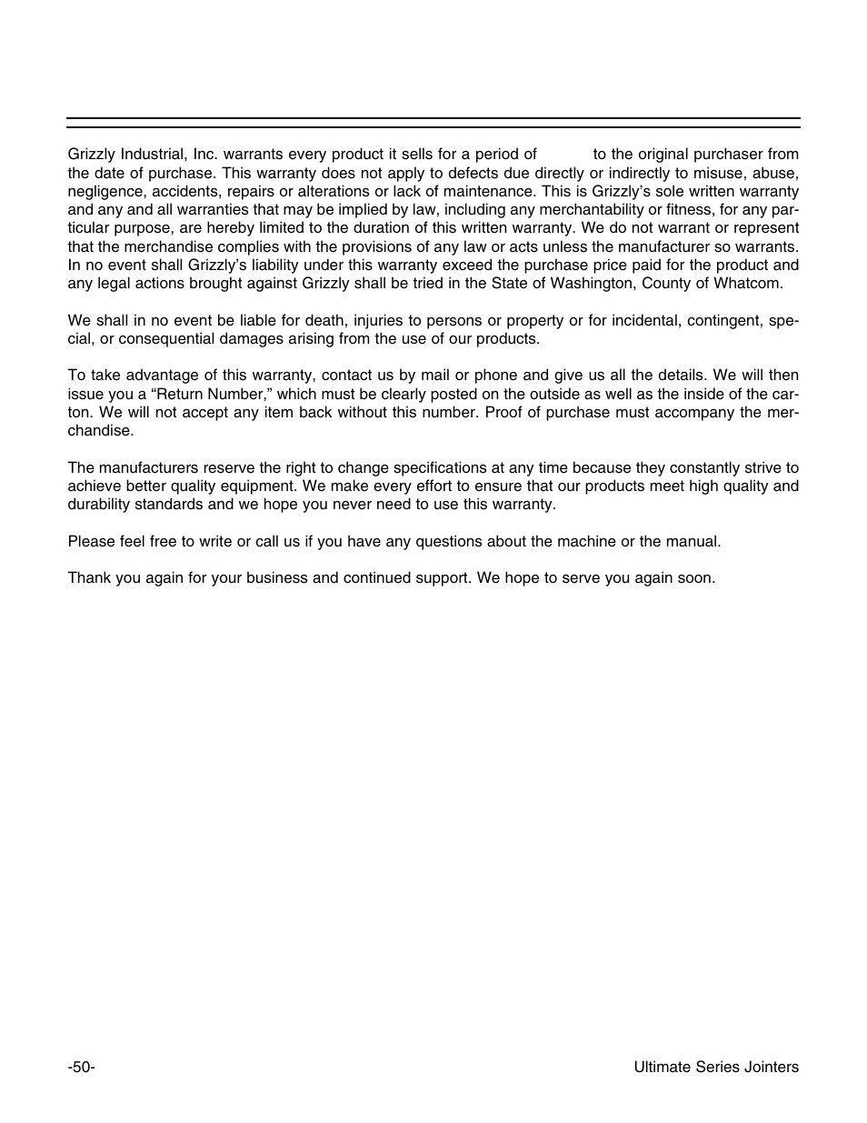 Warranty and returns | Grizzly G9859 User Manual | Page 52 / 56