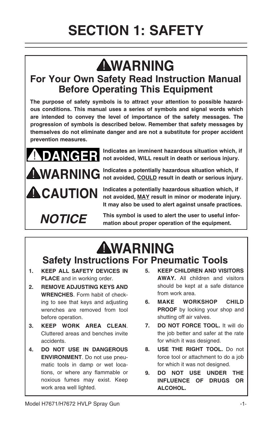 Notice, Safety instructions for pneumatic tools | Grizzly H7671 User Manual | Page 3 / 20