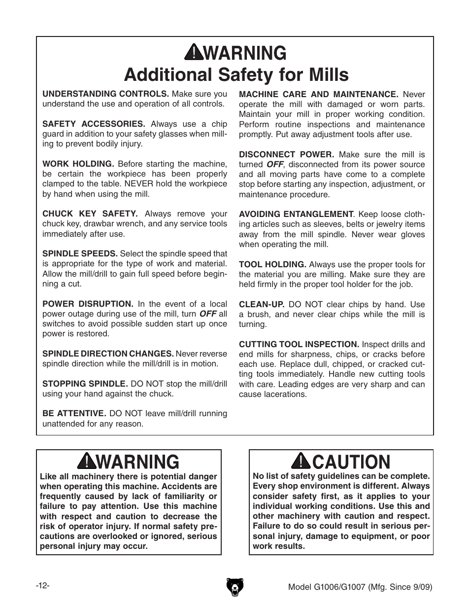 Additional safety for mills | Grizzly Heavy Duty Mill/ G1006 User Manual | Page 14 / 52