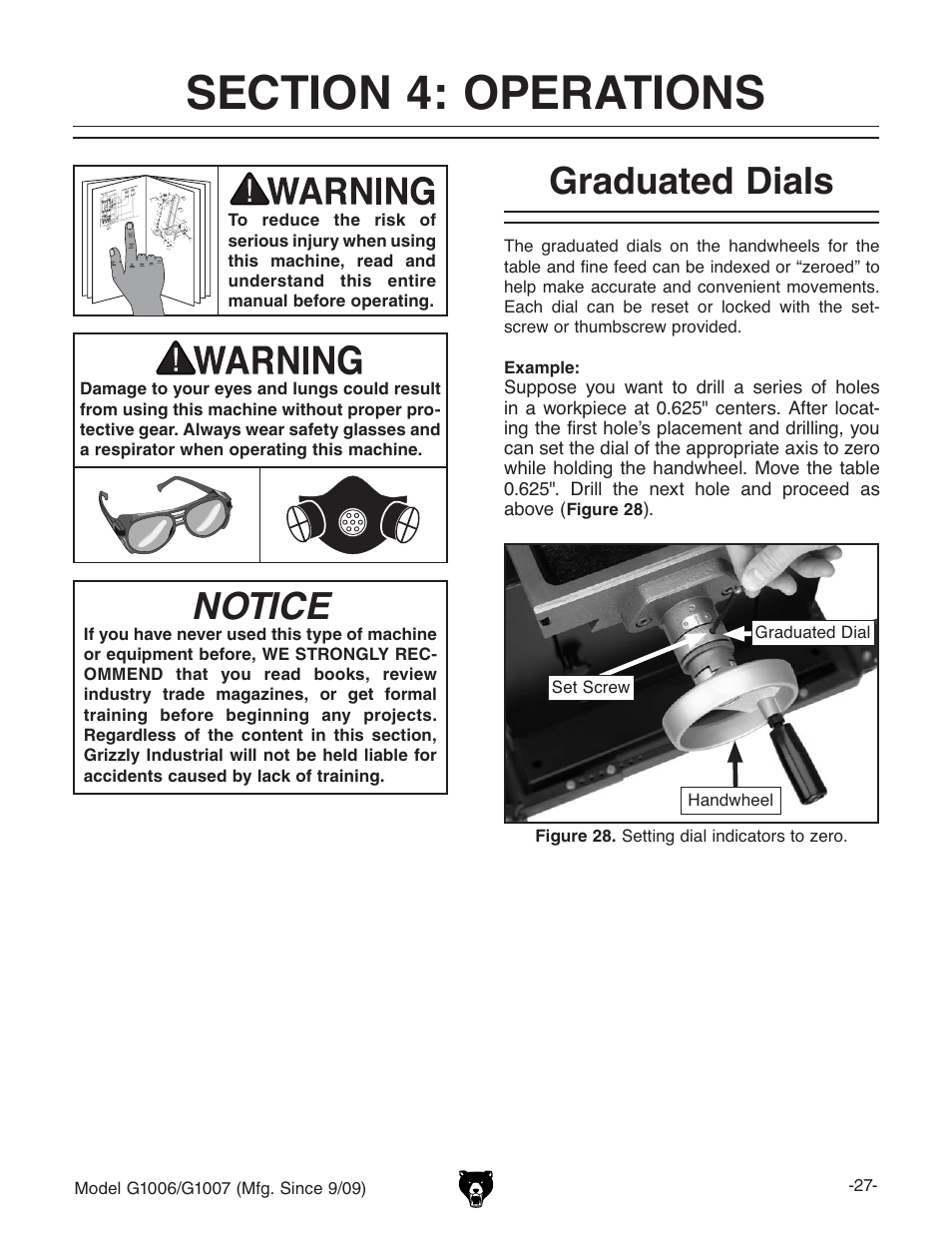 Notice, Graduated dials | Grizzly Heavy Duty Mill/ G1006 User Manual | Page 29 / 52