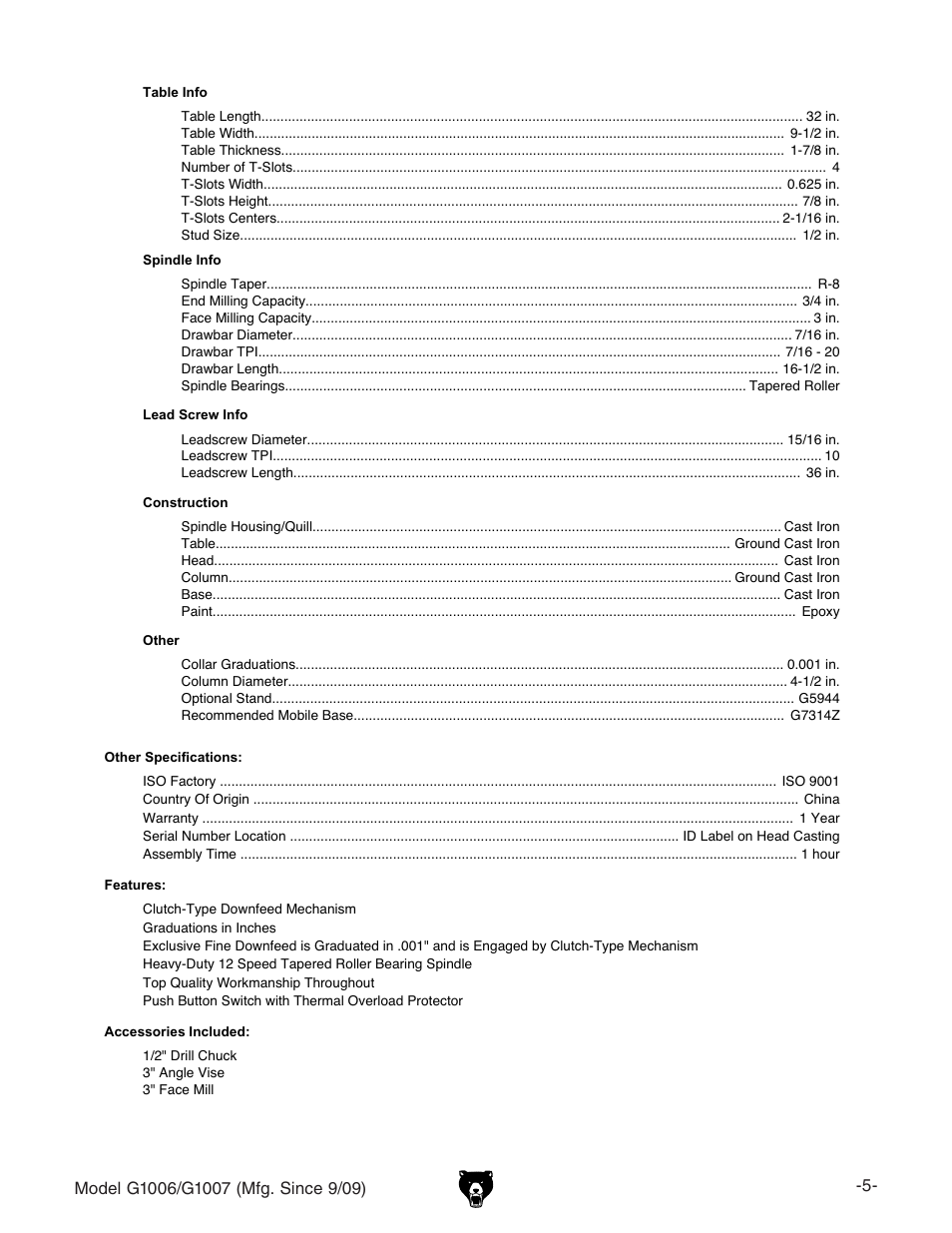 Bdyza<&%%+$<&%%,b[\#h^cxz | Grizzly Heavy Duty Mill/ G1006 User Manual | Page 7 / 52