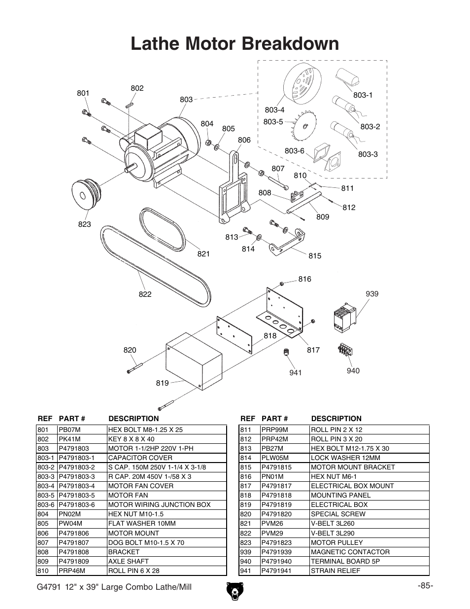Lathe motor breakdown | Grizzly G4791 User Manual | Page 12 / 17