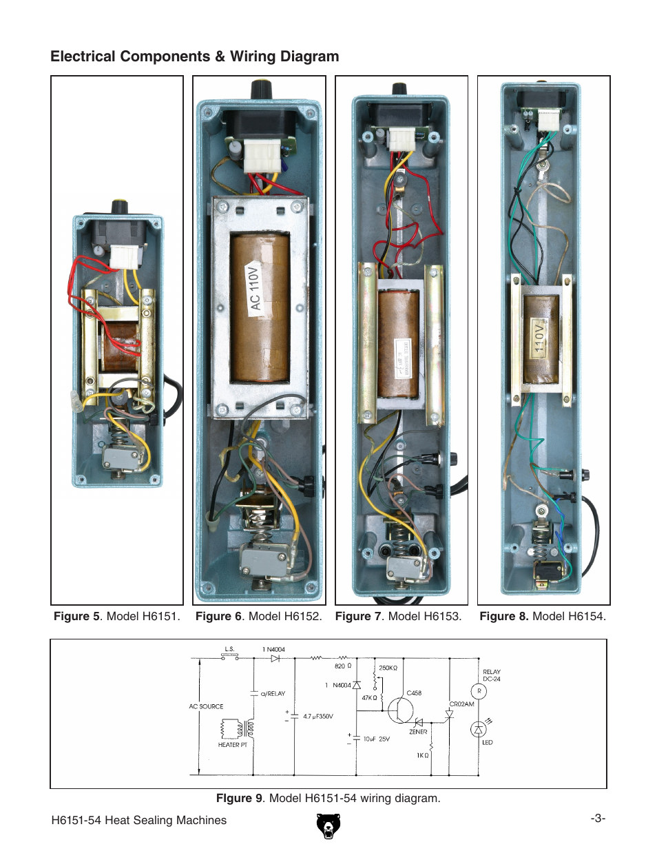 Electrical components & wiring diagram | Grizzly Heat Sealing Machine H6151-54 User Manual | Page 3 / 8