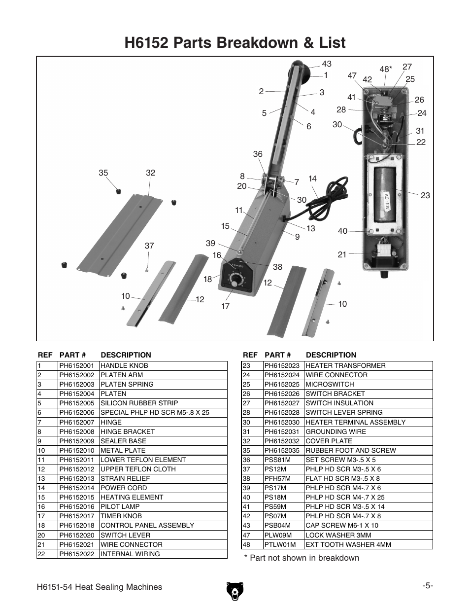 H6152 parts breakdown & list | Grizzly Heat Sealing Machine H6151-54 User Manual | Page 5 / 8