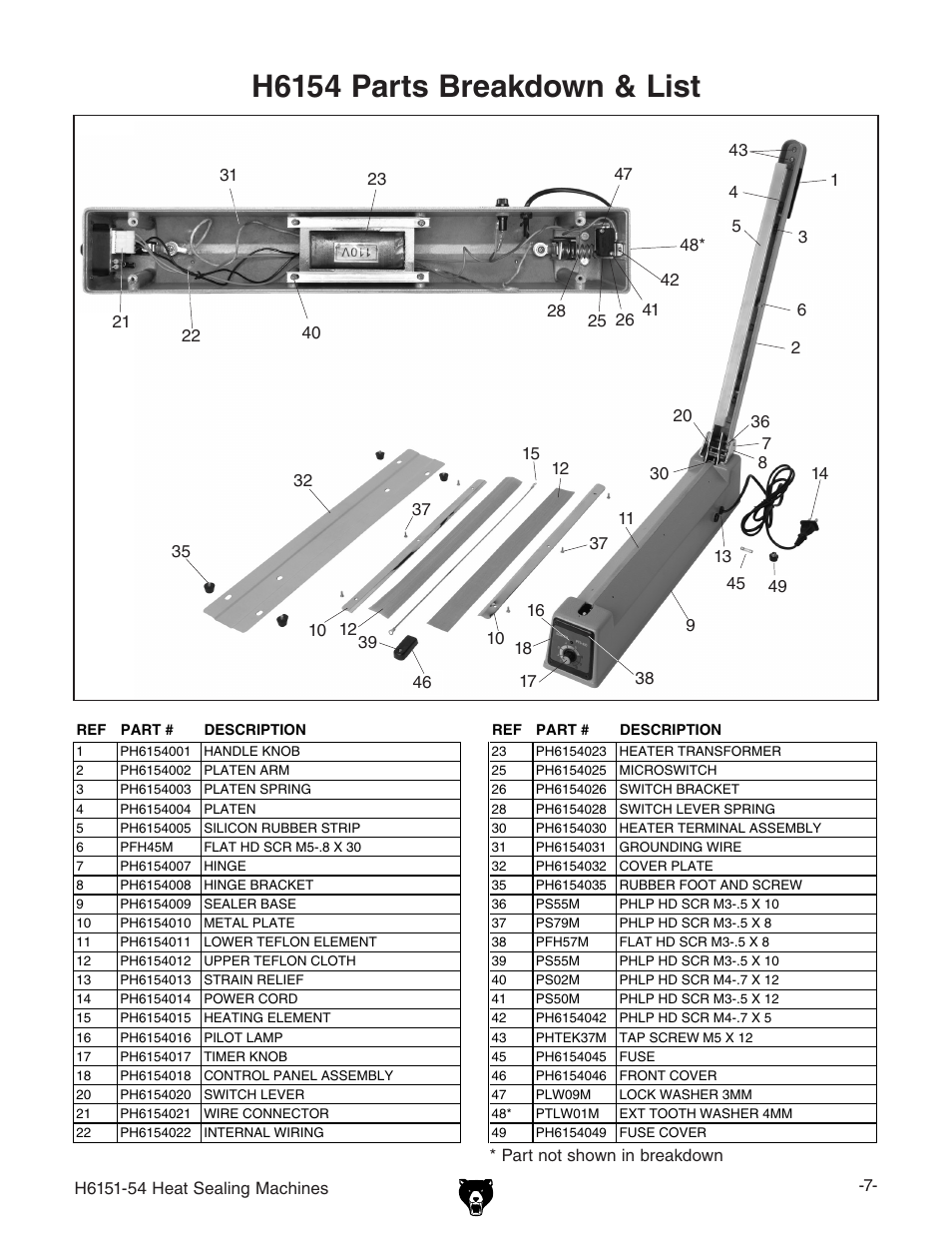 H6154 parts breakdown & list | Grizzly Heat Sealing Machine H6151-54 User Manual | Page 7 / 8