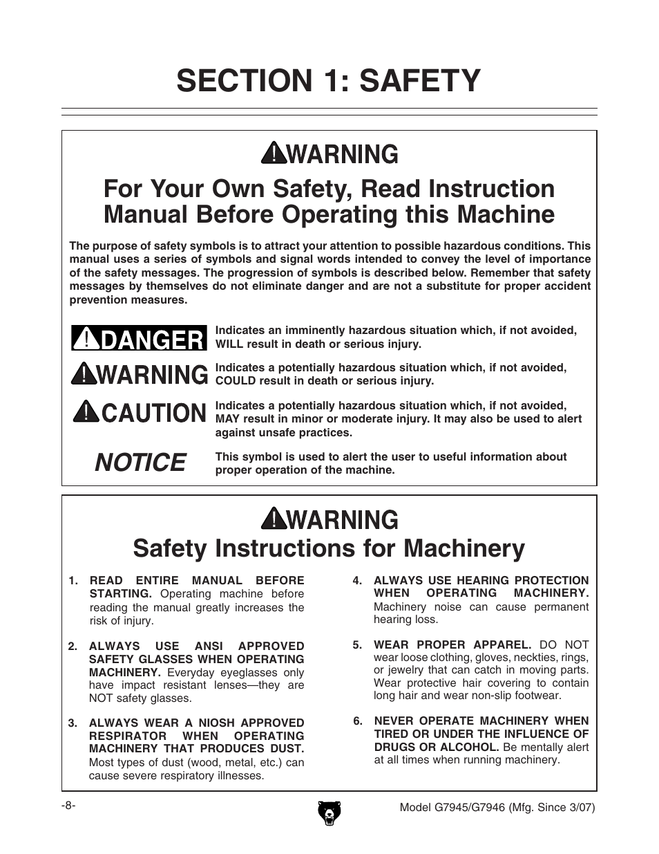 Safety instructions for machinery, Notice safety instructions for machinery | Grizzly G7945/46 User Manual | Page 10 / 48