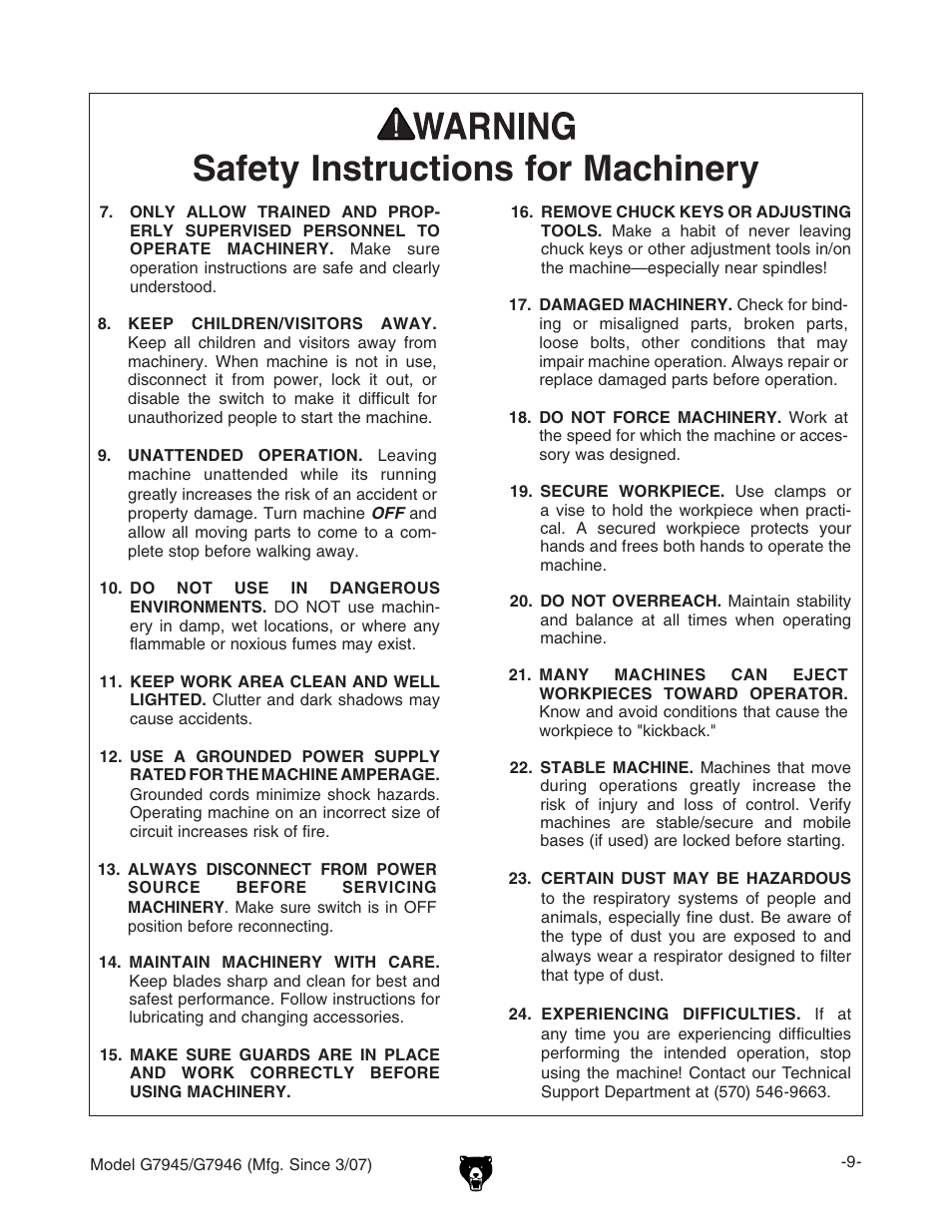 Safety instructions for machinery | Grizzly G7945/46 User Manual | Page 11 / 48