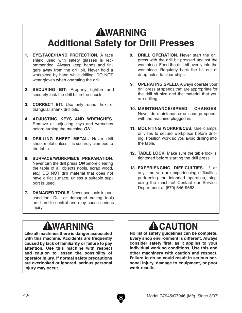 Additional safety for drill presses | Grizzly G7945/46 User Manual | Page 12 / 48