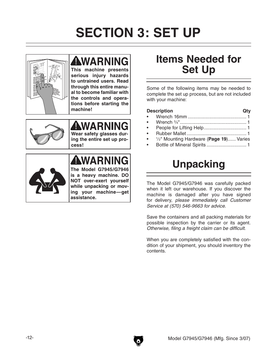 Unpacking, Items needed for set up | Grizzly G7945/46 User Manual | Page 14 / 48