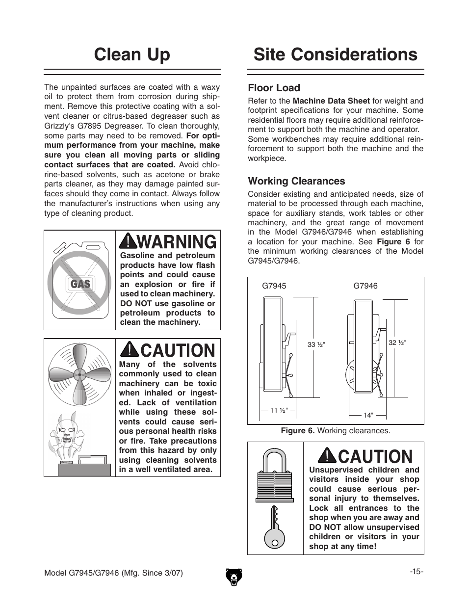 Clean up, Site considerations | Grizzly G7945/46 User Manual | Page 17 / 48