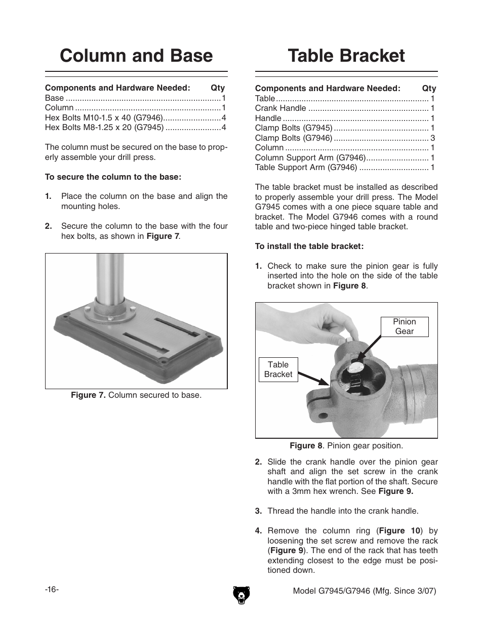 Table bracket, Column and base | Grizzly G7945/46 User Manual | Page 18 / 48