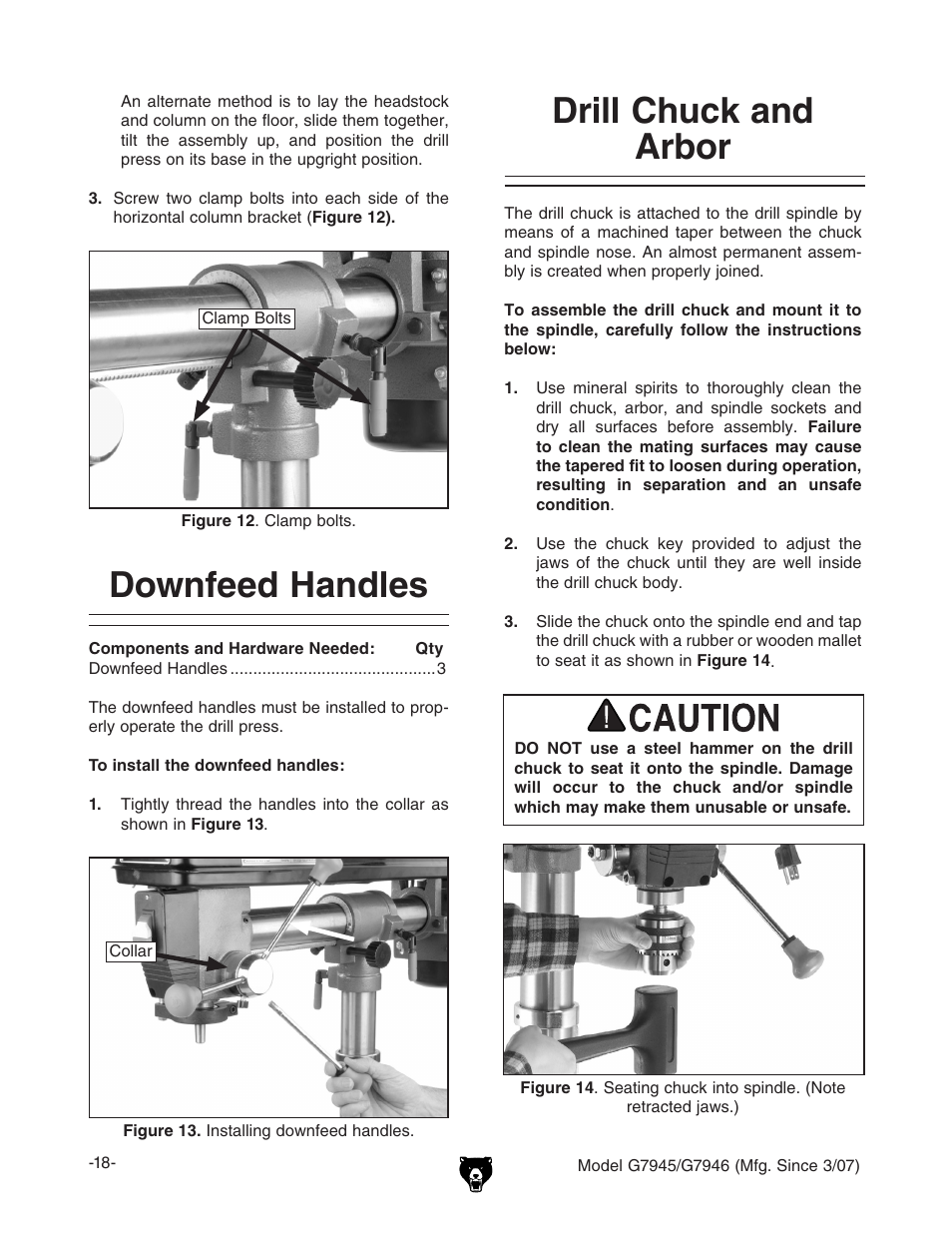 Drill chuck and arbor, Downfeed handles | Grizzly G7945/46 User Manual | Page 20 / 48