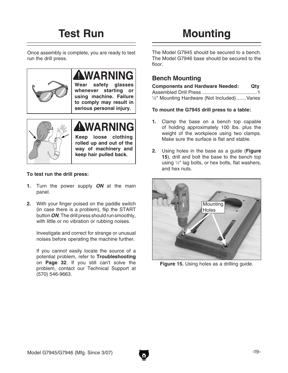 Test run, Mounting, Bench mounting | Grizzly G7945/46 User Manual | Page 21 / 48