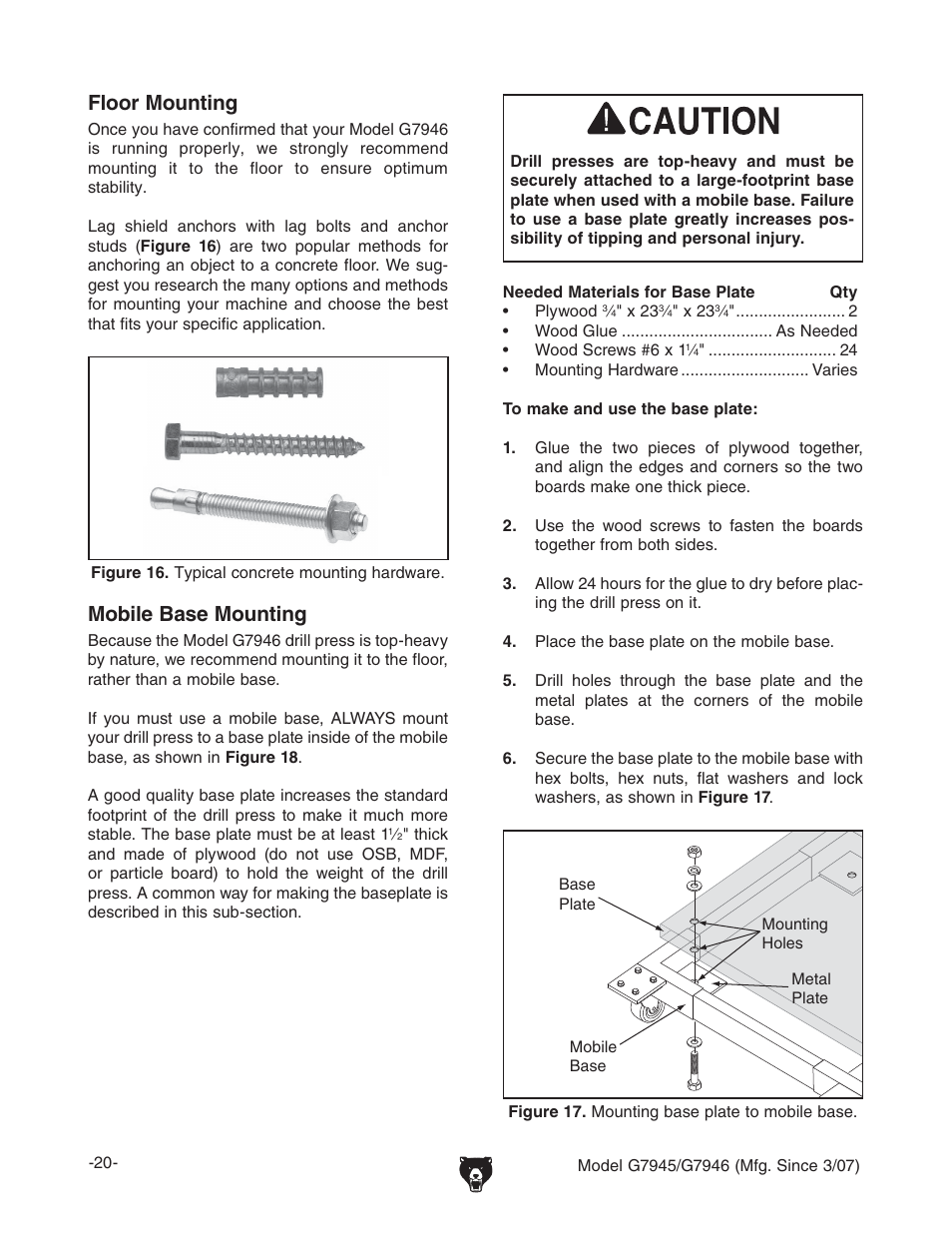 Floor mounting, Mobile base mounting | Grizzly G7945/46 User Manual | Page 22 / 48