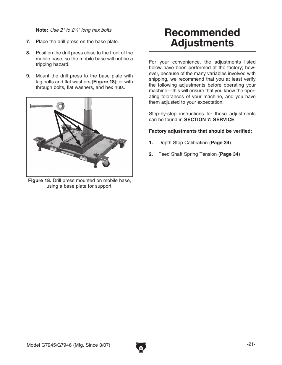 Recommended adjustments | Grizzly G7945/46 User Manual | Page 23 / 48