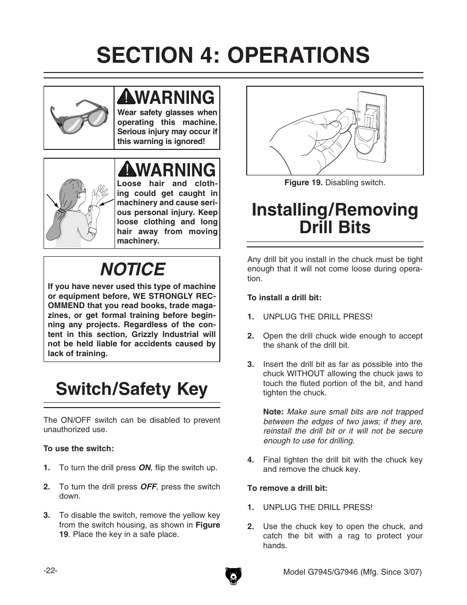 Notice, Installing/removing drill bits, Switch/safety key | Grizzly G7945/46 User Manual | Page 24 / 48