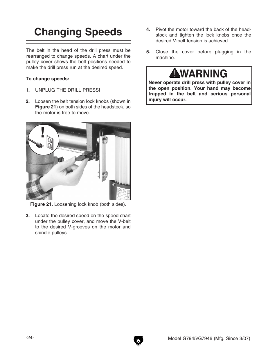 Changing speeds | Grizzly G7945/46 User Manual | Page 26 / 48