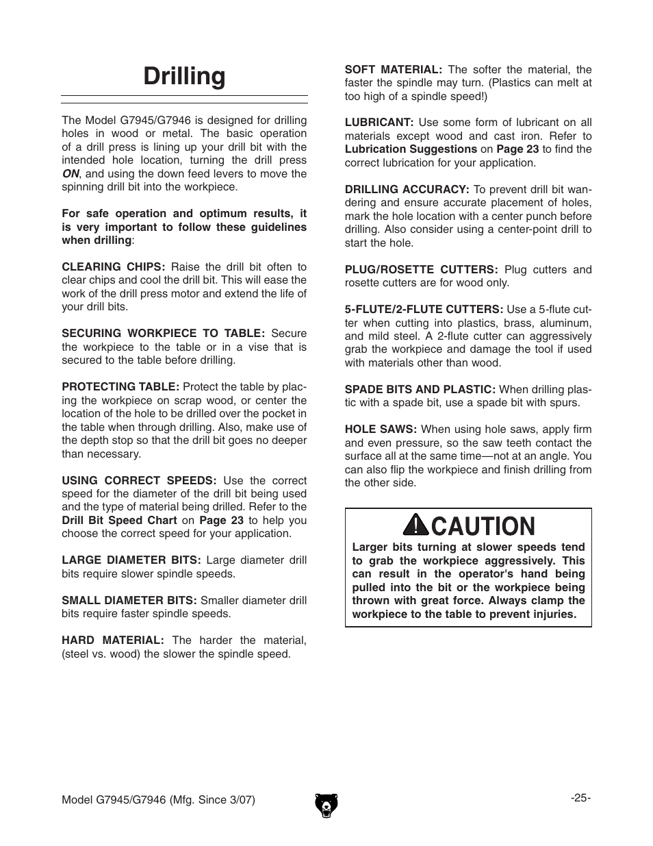 Drilling | Grizzly G7945/46 User Manual | Page 27 / 48