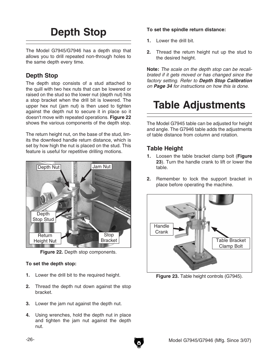 Depth stop, Table adjustments | Grizzly G7945/46 User Manual | Page 28 / 48