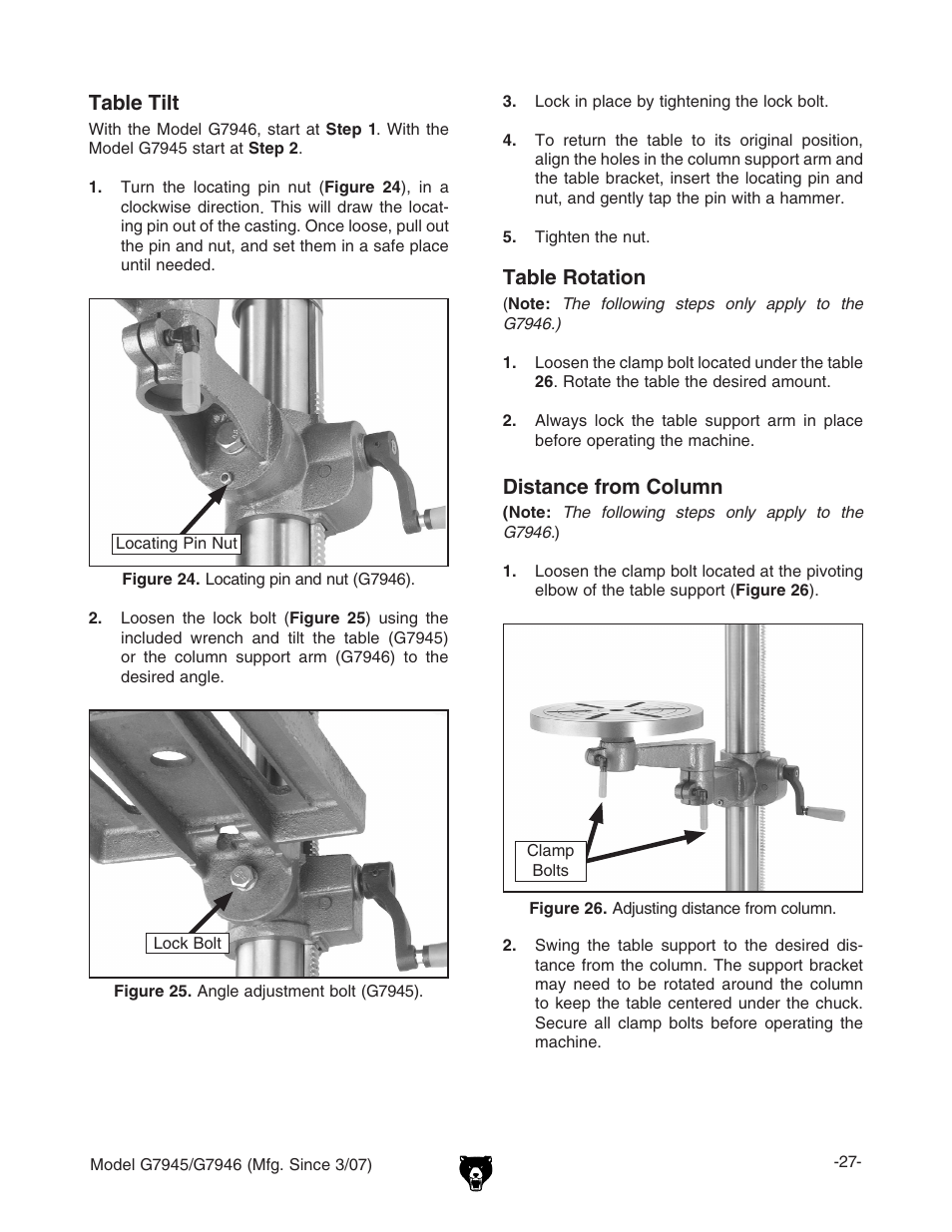 Table rotation, Distance from column, Table tilt | Grizzly G7945/46 User Manual | Page 29 / 48