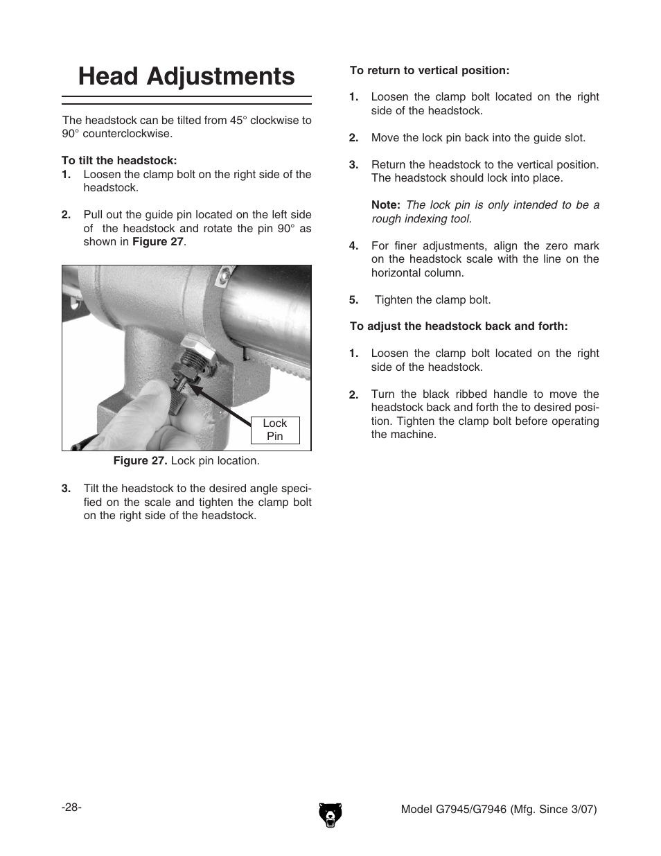 Head adjustments | Grizzly G7945/46 User Manual | Page 30 / 48