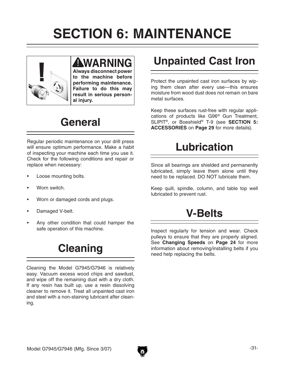 Cleaning, Unpainted cast iron lubrication v-belts, General | Grizzly G7945/46 User Manual | Page 33 / 48