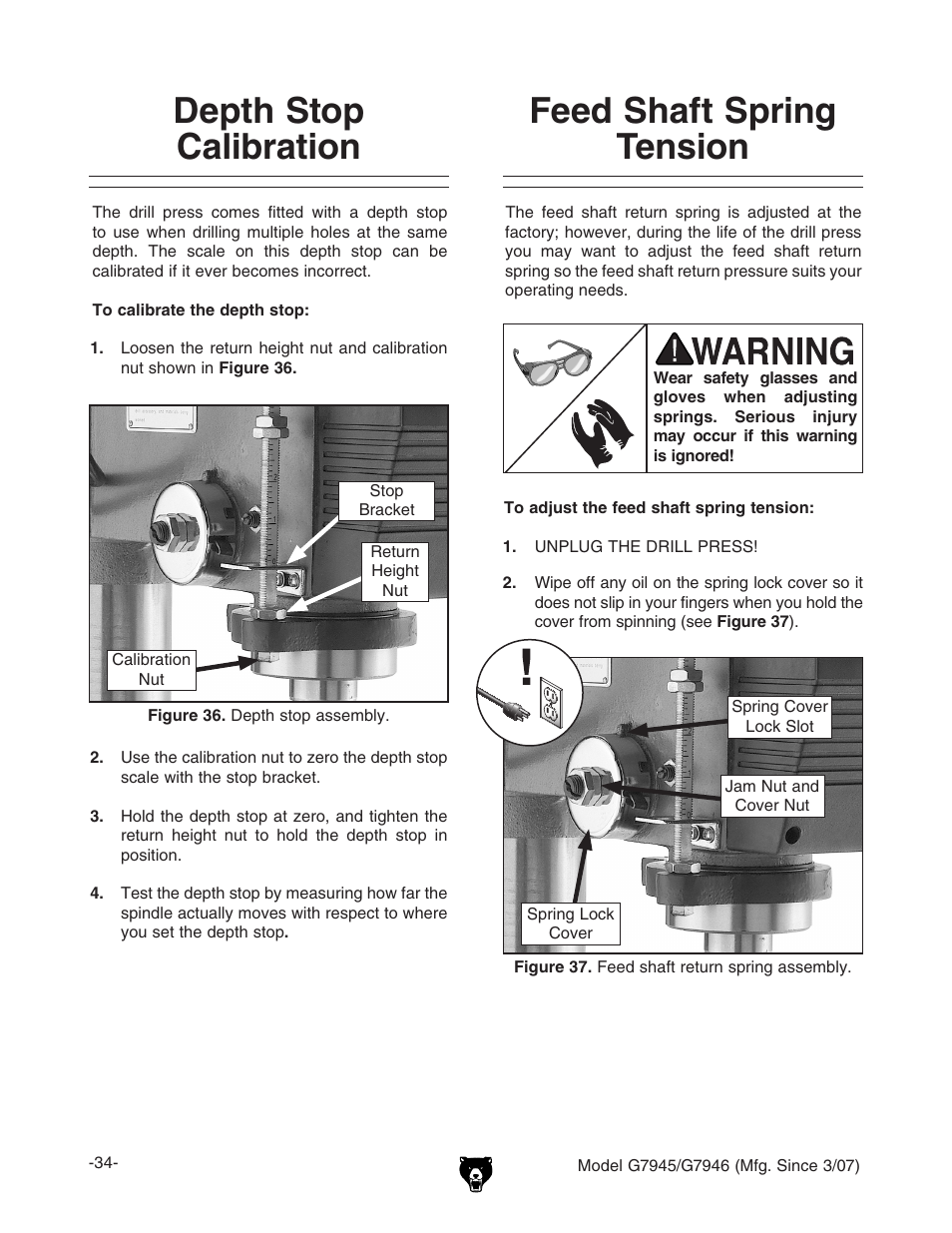 Depth stop calibration, Feed shaft spring tension | Grizzly G7945/46 User Manual | Page 36 / 48