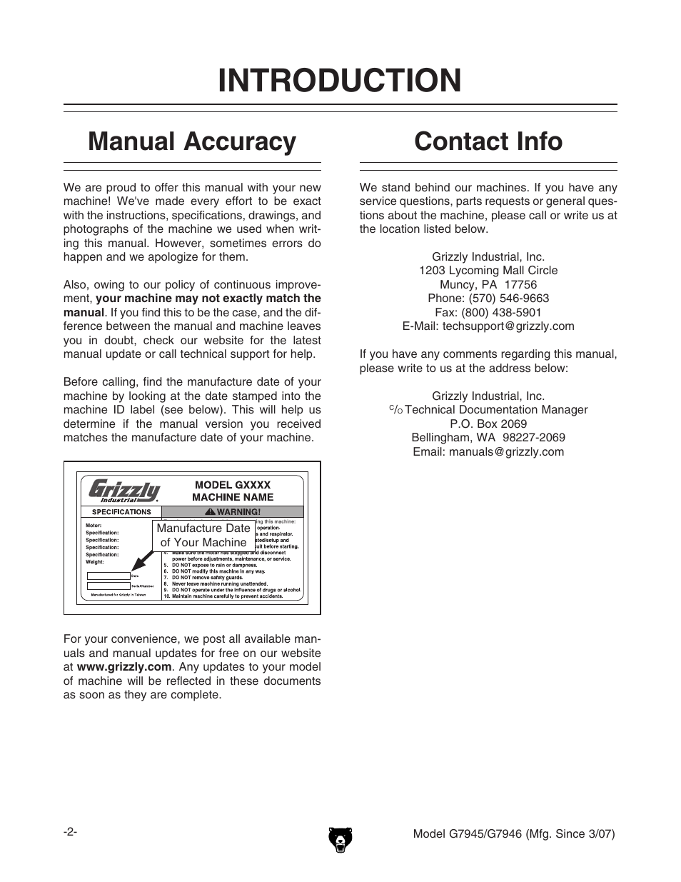 Introduction, Manual accuracy, Contact info | Grizzly G7945/46 User Manual | Page 4 / 48