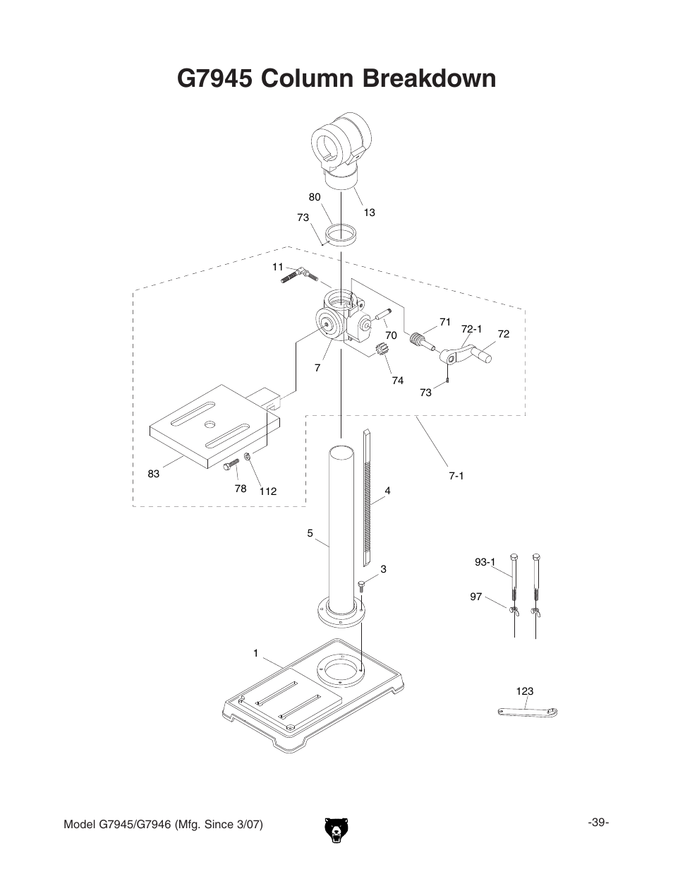 G7945 column breakdown | Grizzly G7945/46 User Manual | Page 41 / 48