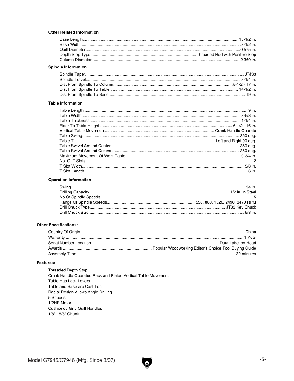 Grizzly G7945/46 User Manual | Page 7 / 48