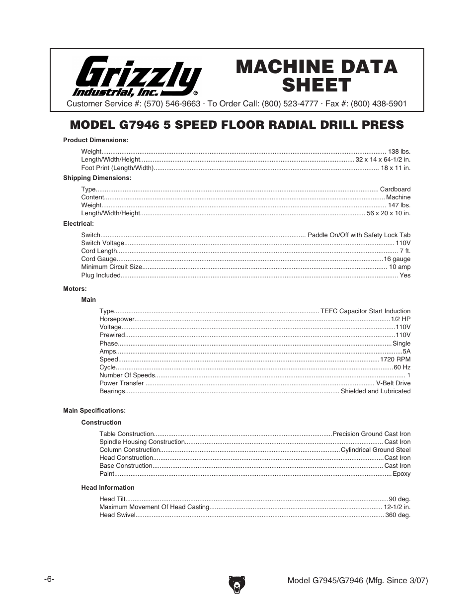 Machine data sheet, G7946 machine data sheet | Grizzly G7945/46 User Manual | Page 8 / 48