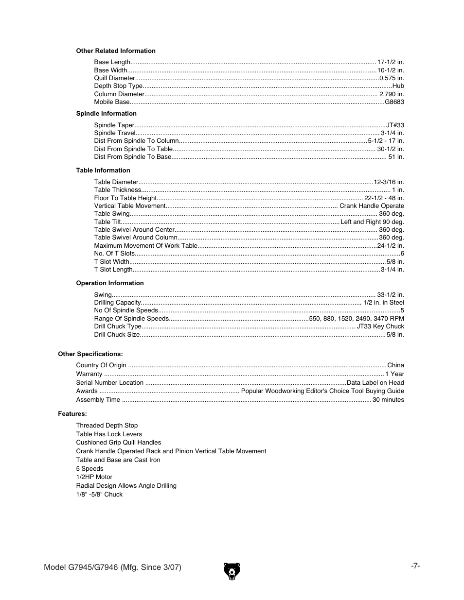 Grizzly G7945/46 User Manual | Page 9 / 48