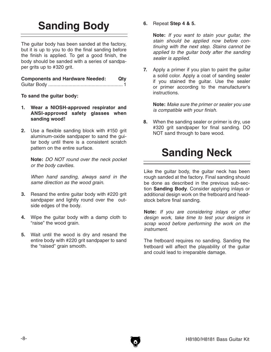 Sanding neck, Sanding body | Grizzly H8181 User Manual | Page 10 / 36