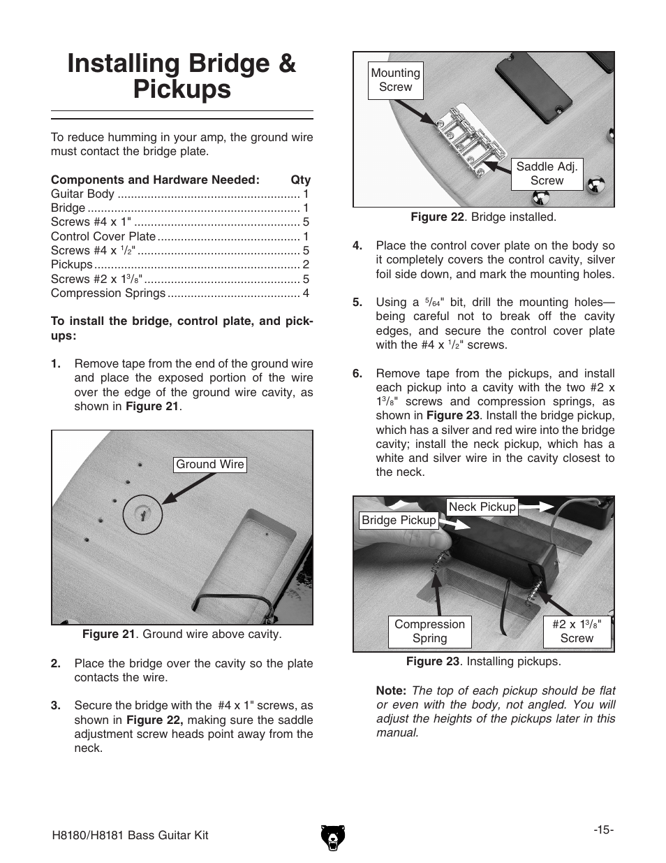 Installing bridge & pickups | Grizzly H8181 User Manual | Page 17 / 36