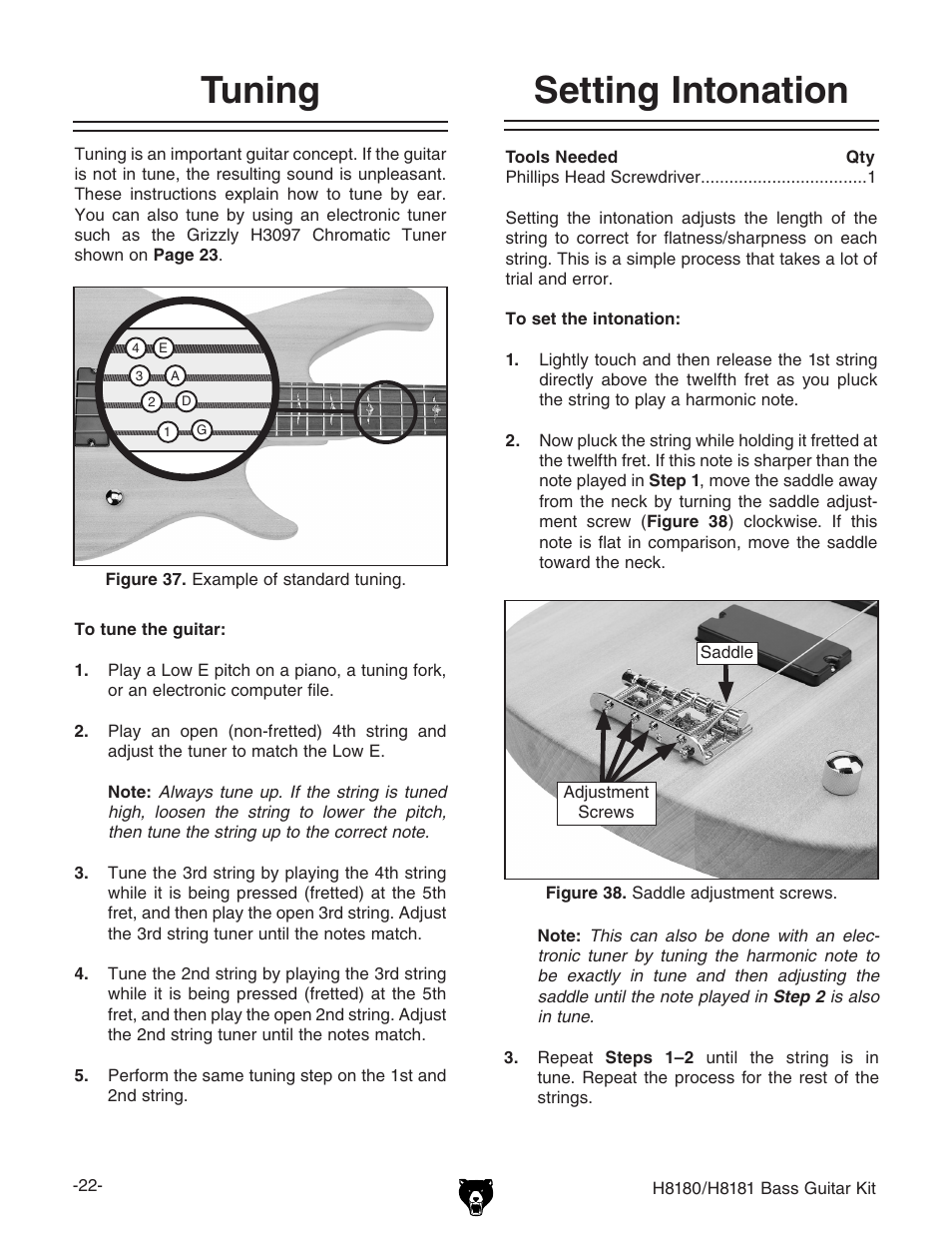 Tuning, Setting intonation | Grizzly H8181 User Manual | Page 24 / 36