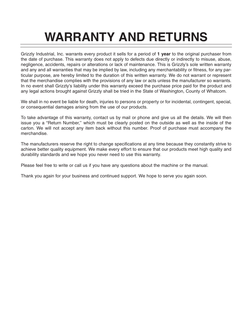Warranty and returns | Grizzly H8181 User Manual | Page 35 / 36
