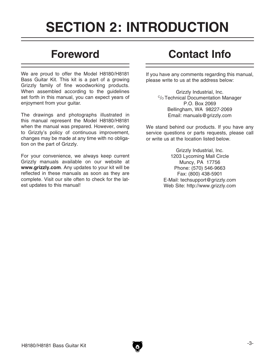 Foreword, Contact info | Grizzly H8181 User Manual | Page 5 / 36
