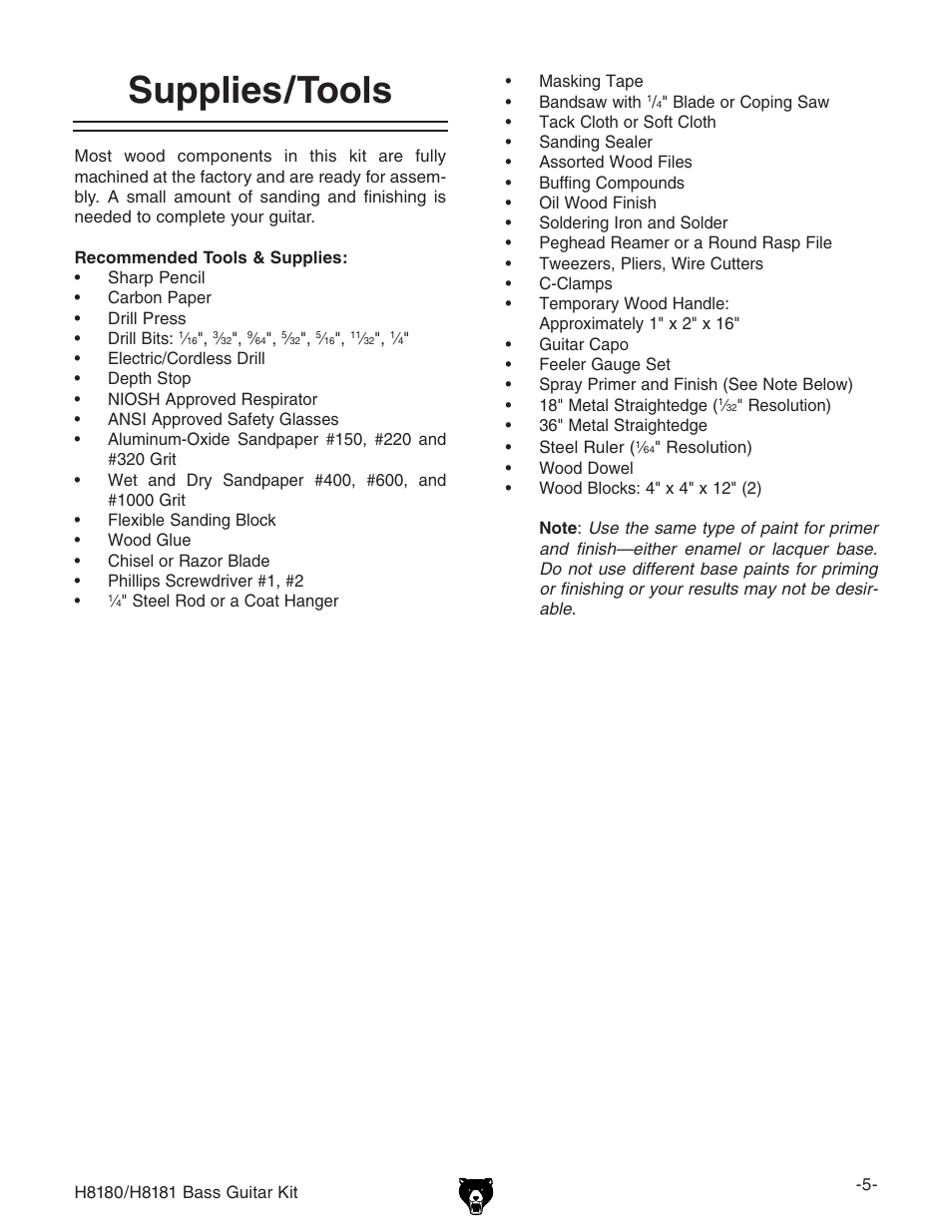 Supplies/tools | Grizzly H8181 User Manual | Page 7 / 36