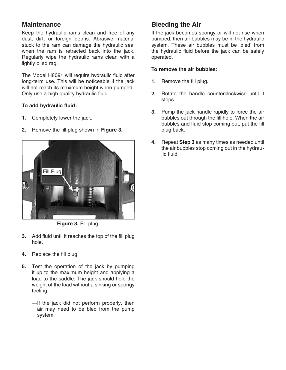 Maintenance, Bleeding the air | Grizzly 3 1/2 Ton Quick Pump Garage Jack H8091 User Manual | Page 2 / 4