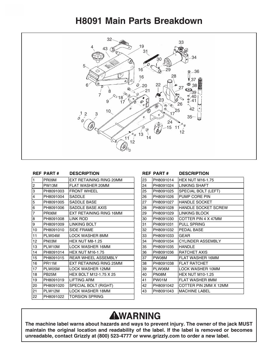 H8091 main parts breakdown | Grizzly 3 1/2 Ton Quick Pump Garage Jack H8091 User Manual | Page 3 / 4