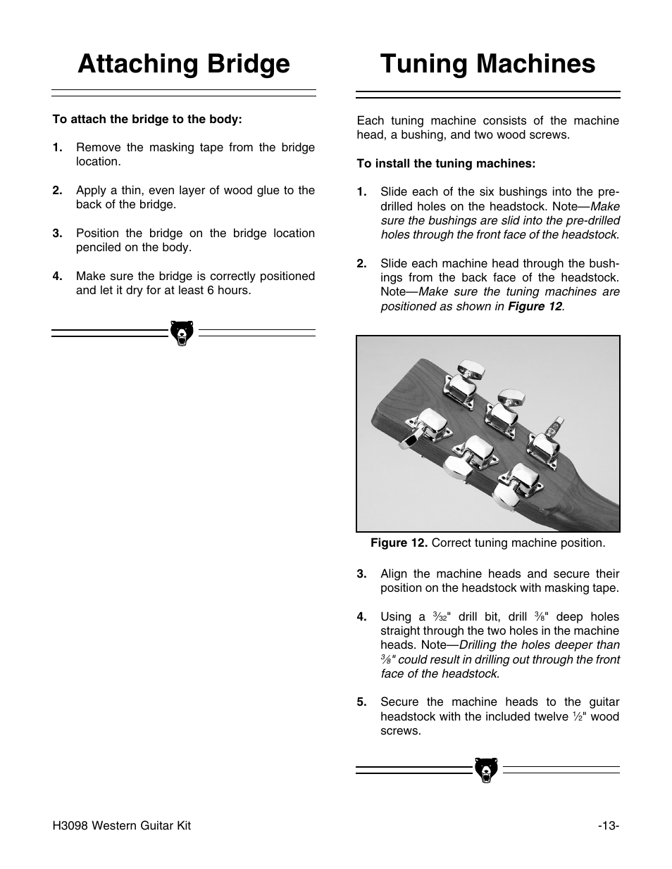 Attaching bridge, Tuning machines | Grizzly H3098 User Manual | Page 15 / 28